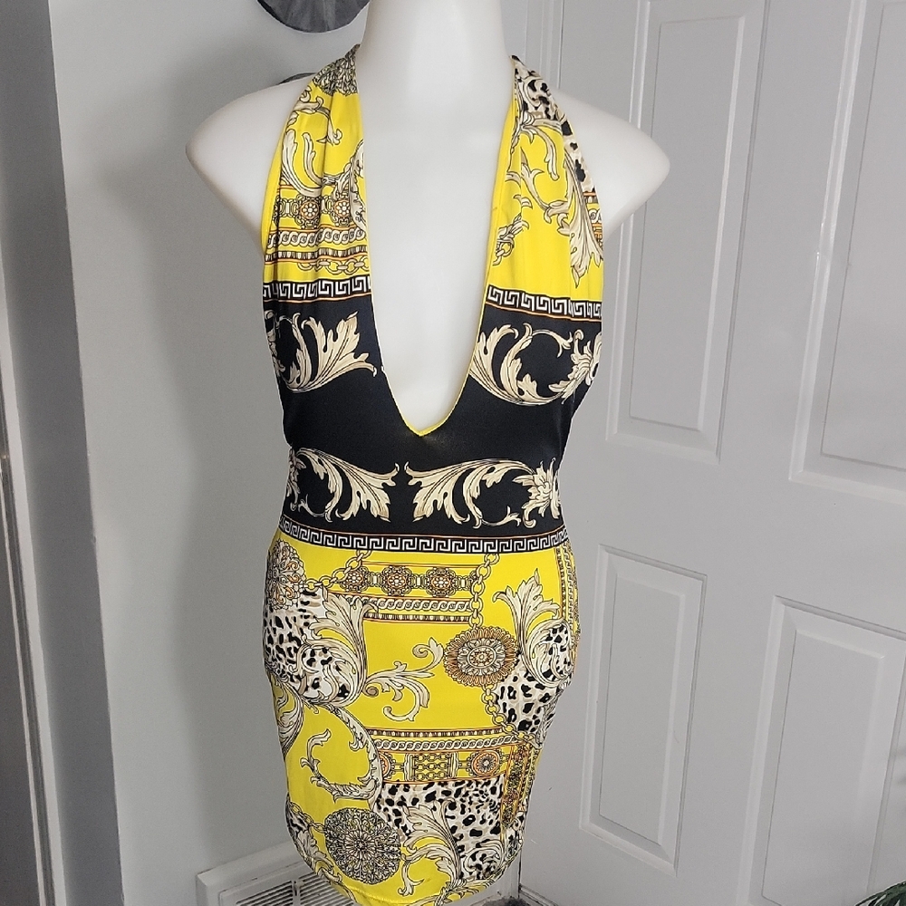 So Over You Halter Deep V  - Yellow and Black Halter Dress Tie Back Mini Size Sm